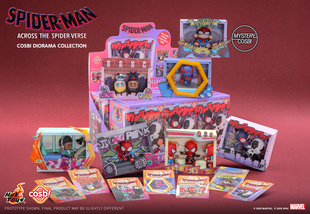 Варианты мини-сцен Hot Toys CBX301 Spider-Man: Across the Spider-Verse Cosbi Diorama Collection и упаковка блайнд-боксов